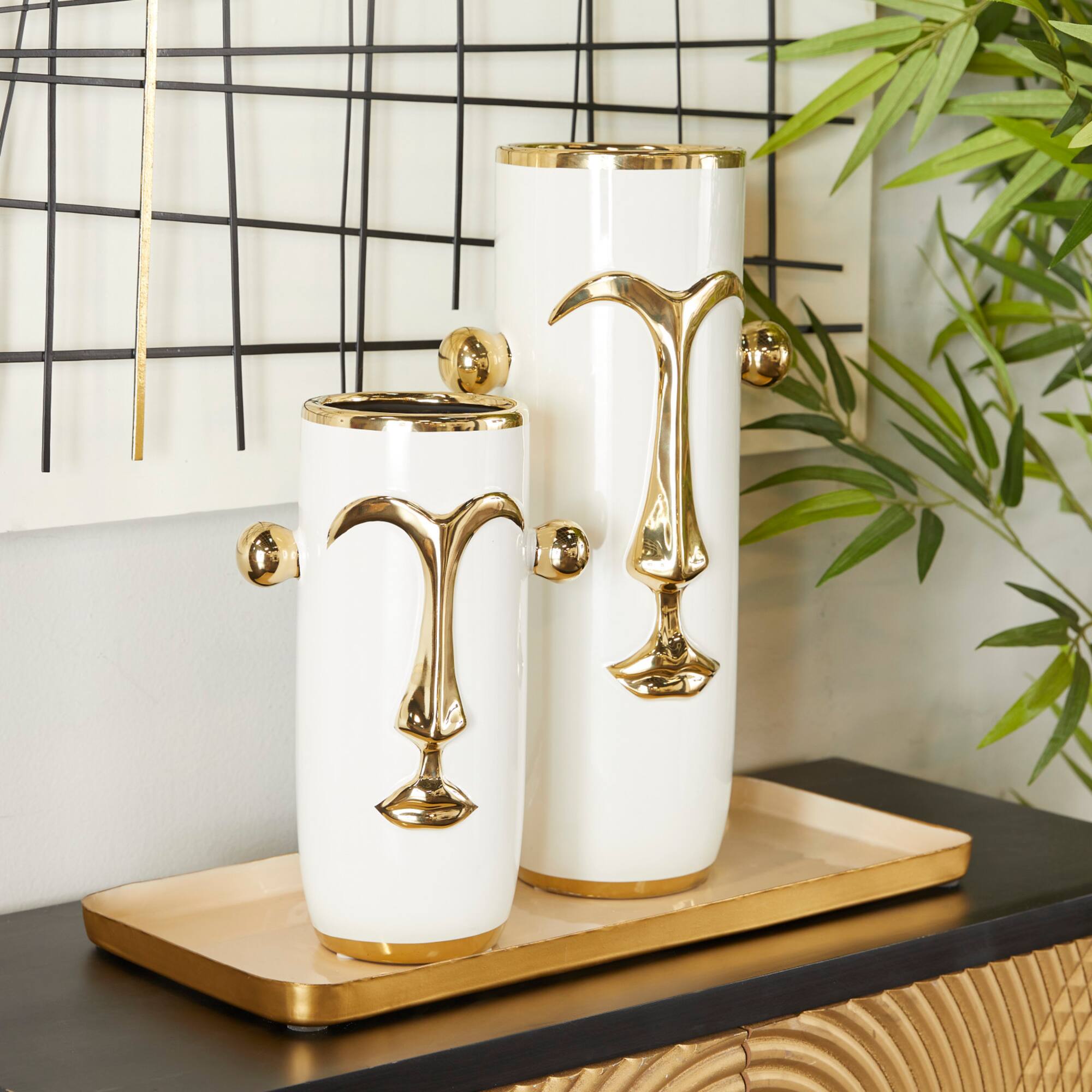 Set of 2" White Stoneware Modern Vase 16", 11"